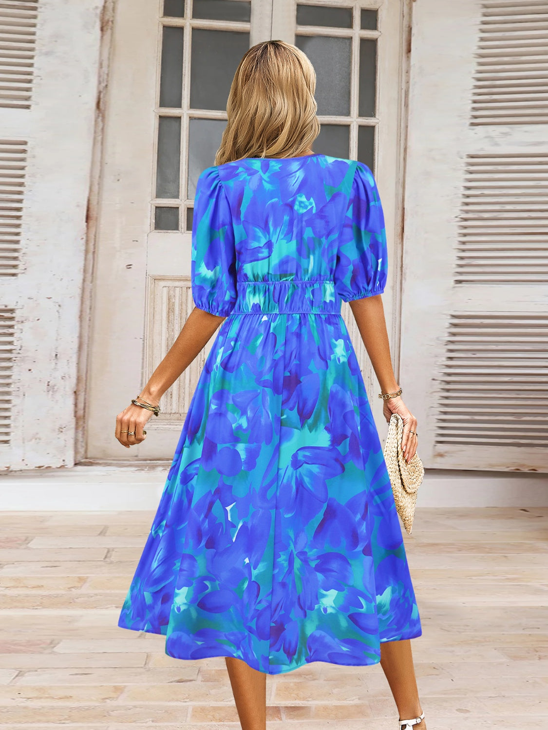 Ruched Printed Surplice Short Sleeve Dress - AngelMar Fashion