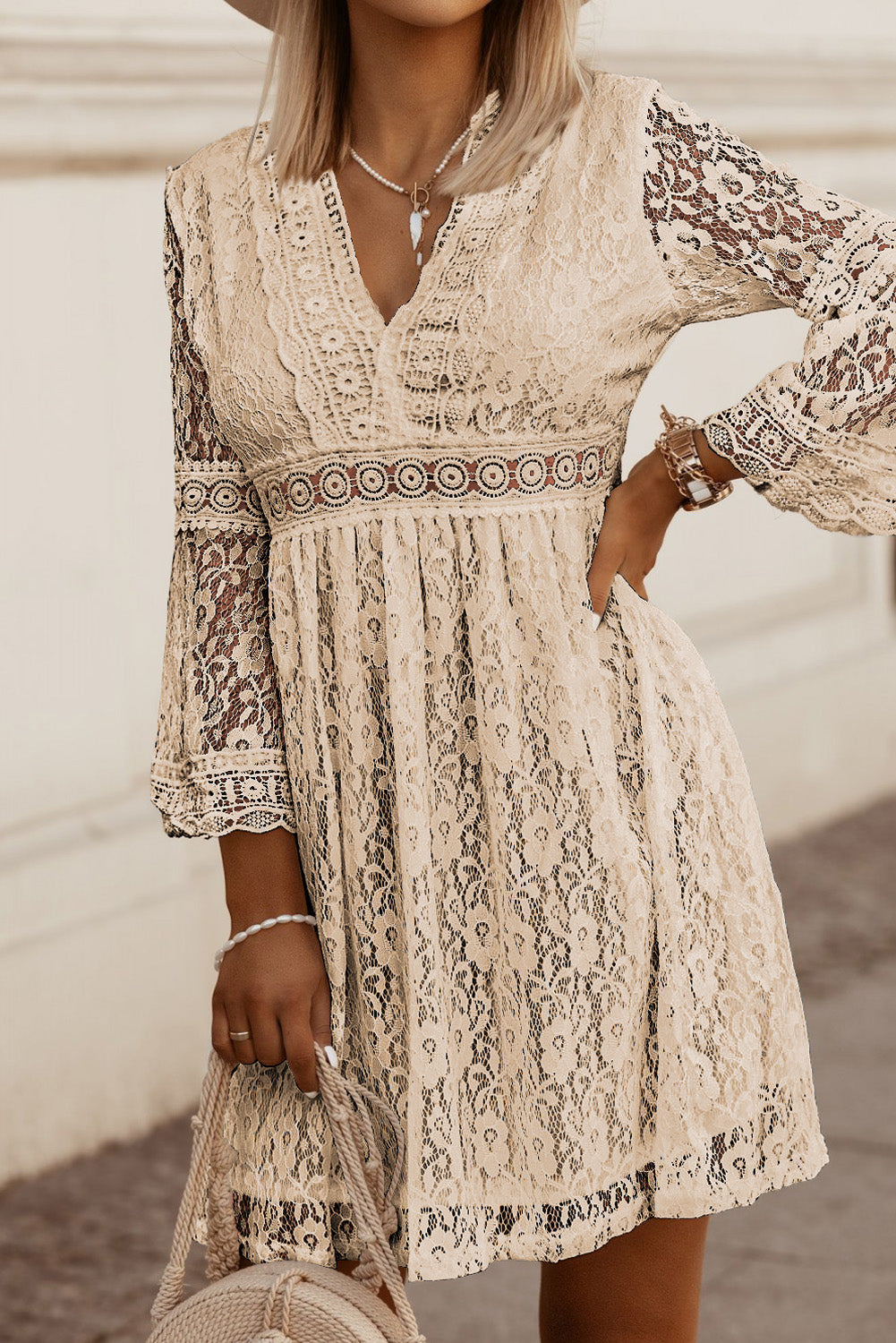 Lace V-Neck Three-Quarter Sleeve Dress - AngelMar Fashion