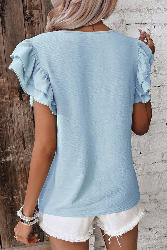 Mist Blue Solid Color Ruffled Short Sleeve Casual Blouse - AngelMar Fashion