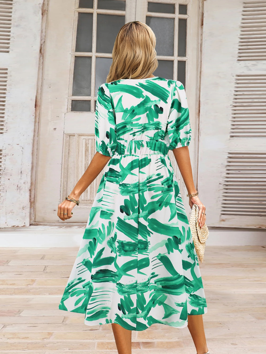 Ruched Printed Surplice Short Sleeve Dress - AngelMar Fashion