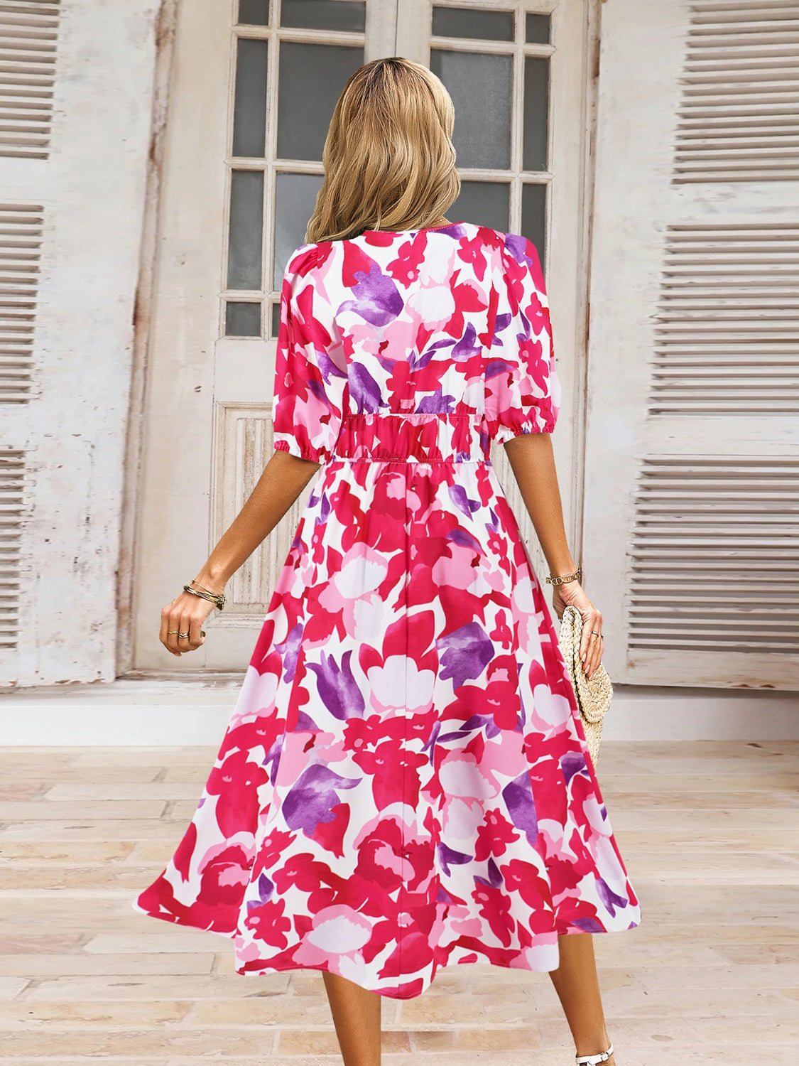 Ruched Printed Surplice Short Sleeve Dress - AngelMar Fashion