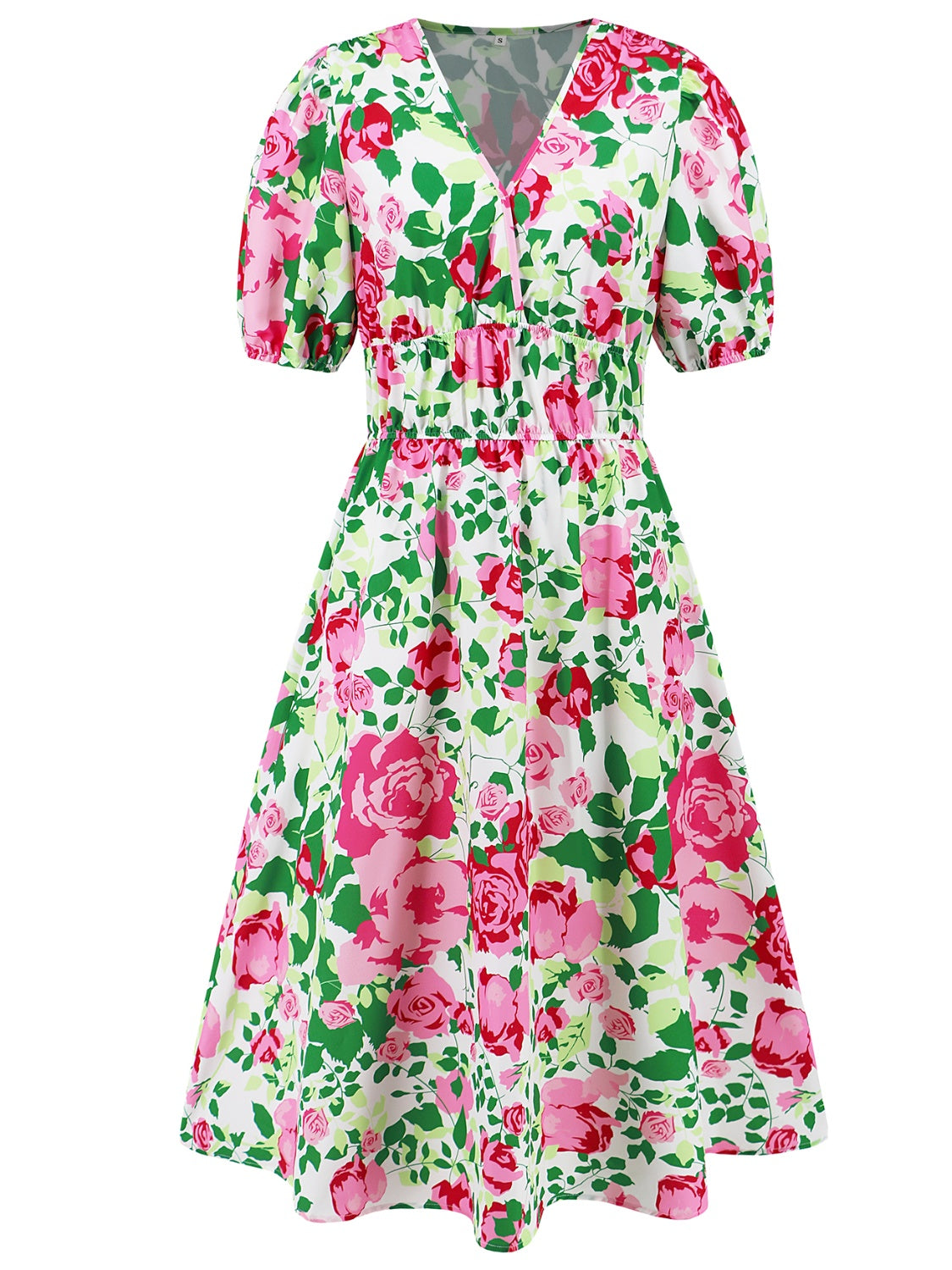 Ruched Printed Surplice Short Sleeve Dress - AngelMar Fashion