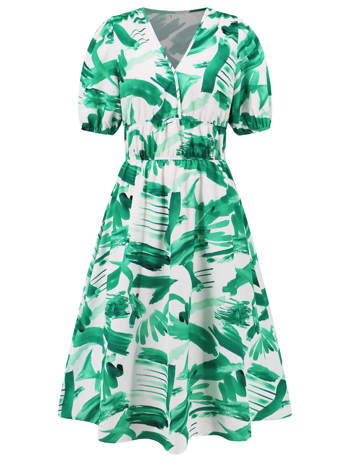 Ruched Printed Surplice Short Sleeve Dress - AngelMar Fashion