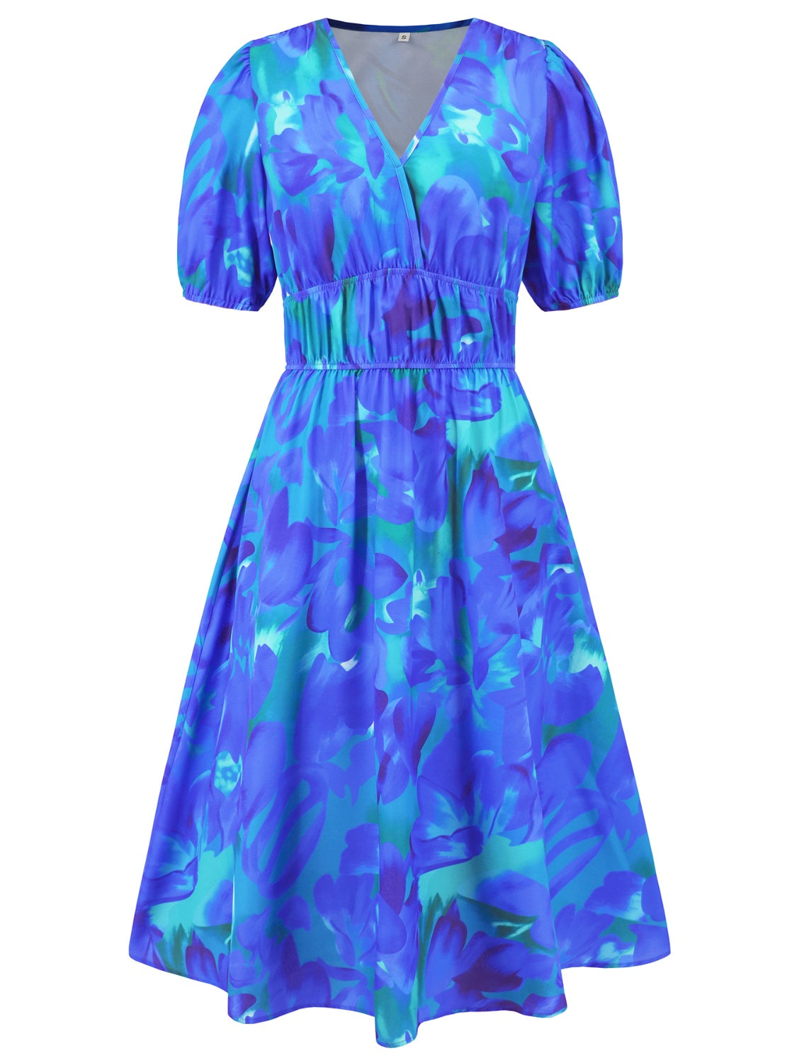 Ruched Printed Surplice Short Sleeve Dress - AngelMar Fashion