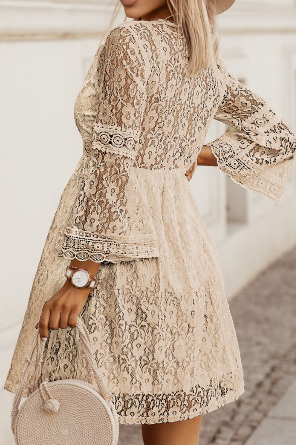 Lace V-Neck Three-Quarter Sleeve Dress - AngelMar Fashion