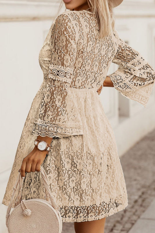 Lace V-Neck Three-Quarter Sleeve Dress - AngelMar Fashion