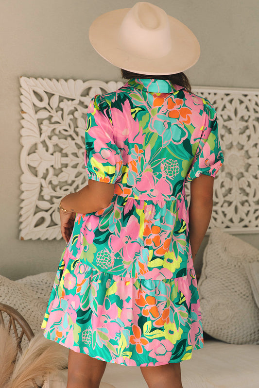 Green Floral Puff Sleeve Collar Buttoned Babydoll Dress - AngelMar Fashion