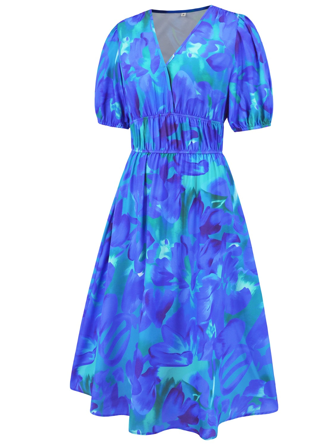 Ruched Printed Surplice Short Sleeve Dress - AngelMar Fashion