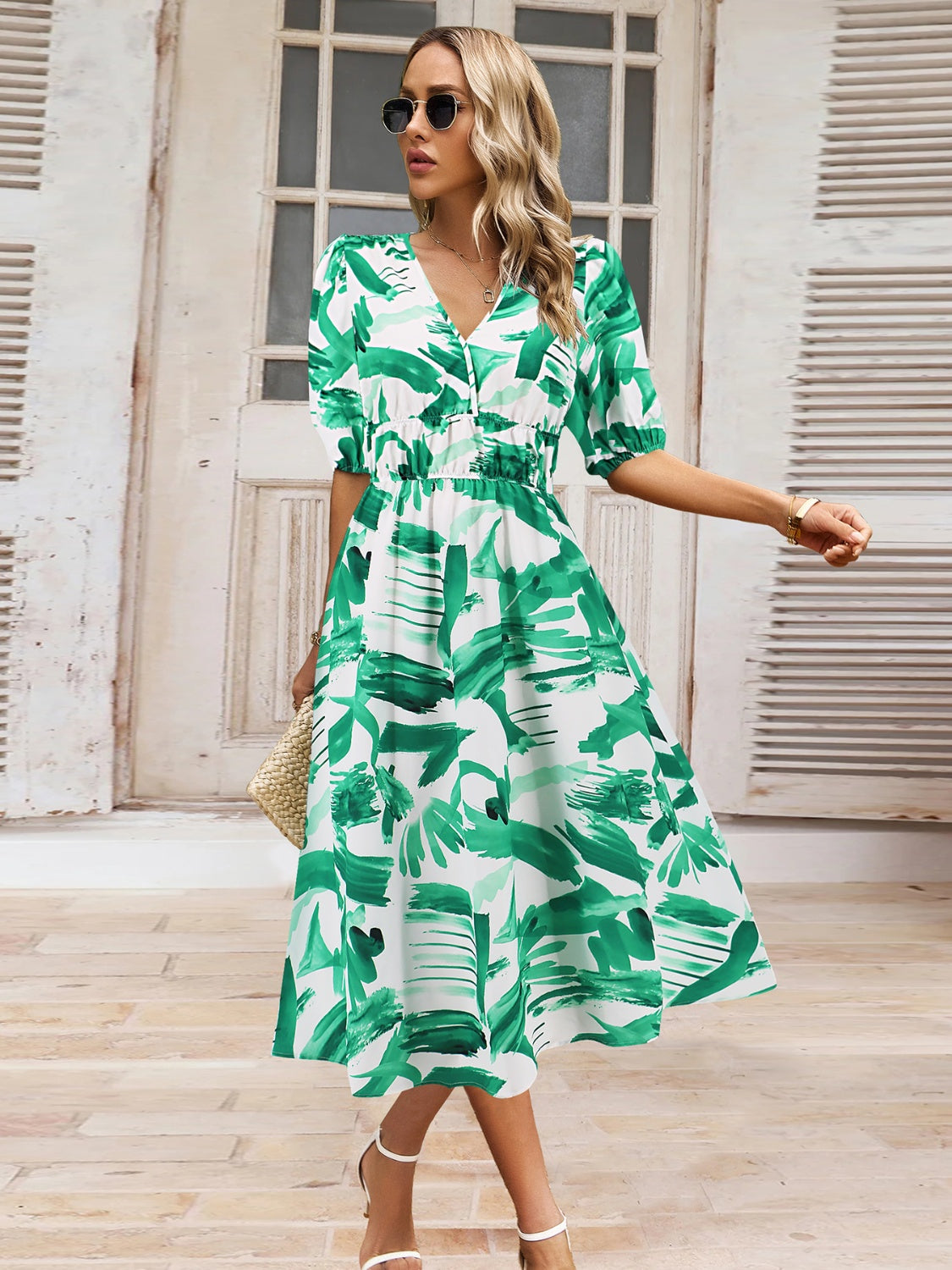 Ruched Printed Surplice Short Sleeve Dress - AngelMar Fashion