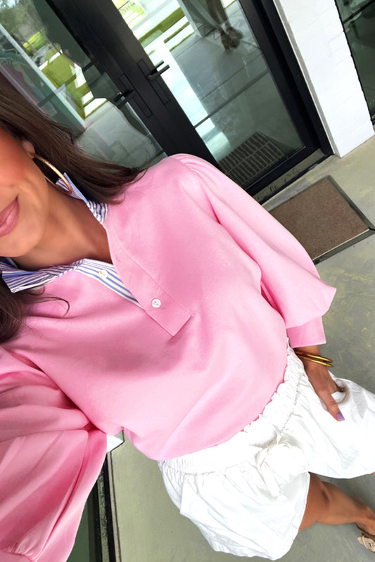 Bonbon Striped Collar Puff Sleeve Sweatshirt - AngelMar Fashion