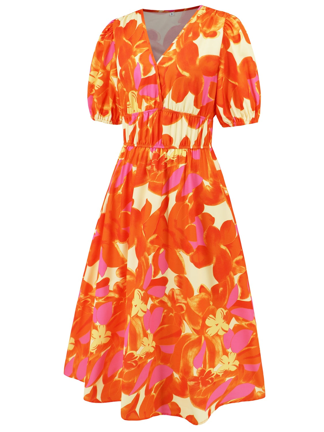 Ruched Printed Surplice Short Sleeve Dress - AngelMar Fashion
