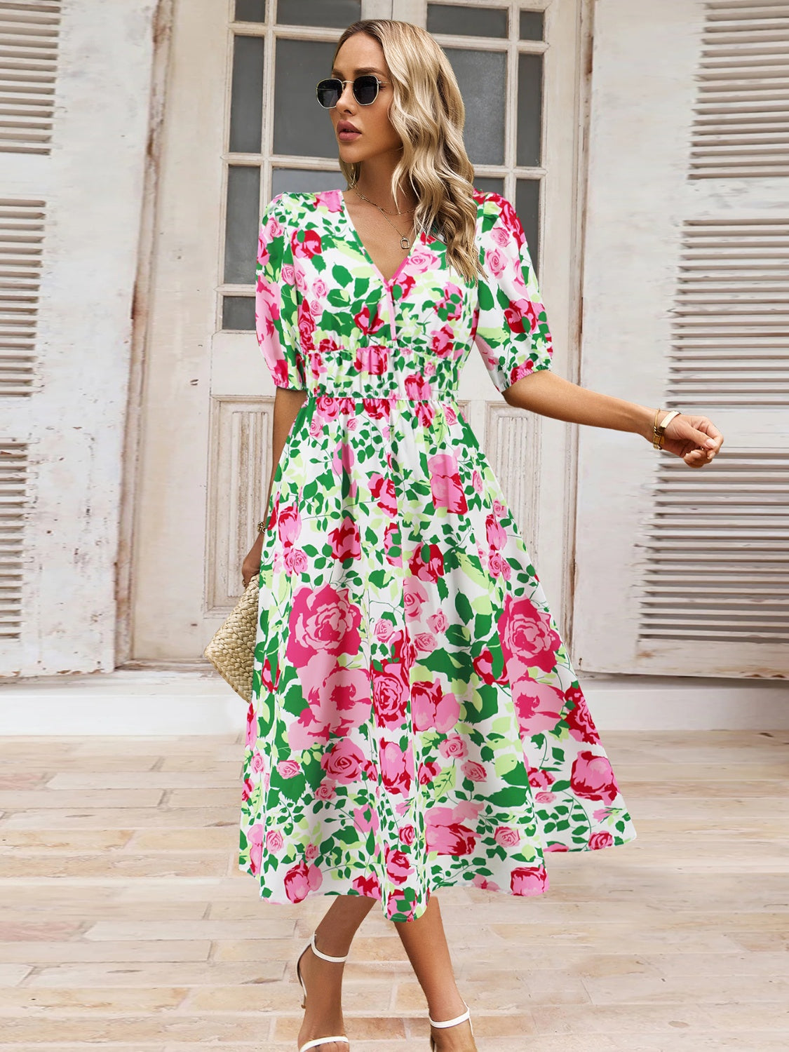 Ruched Printed Surplice Short Sleeve Dress - AngelMar Fashion