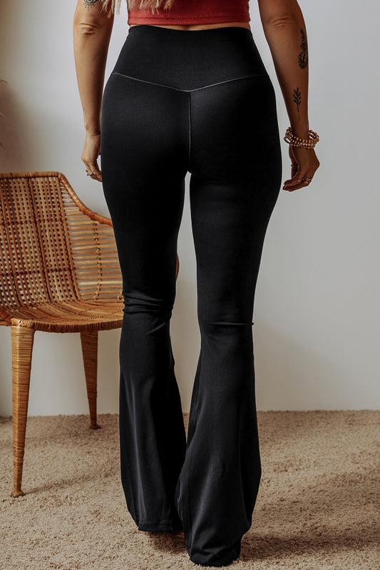 Black V Shape High Waist Flared Leggings - AngelMar Fashion