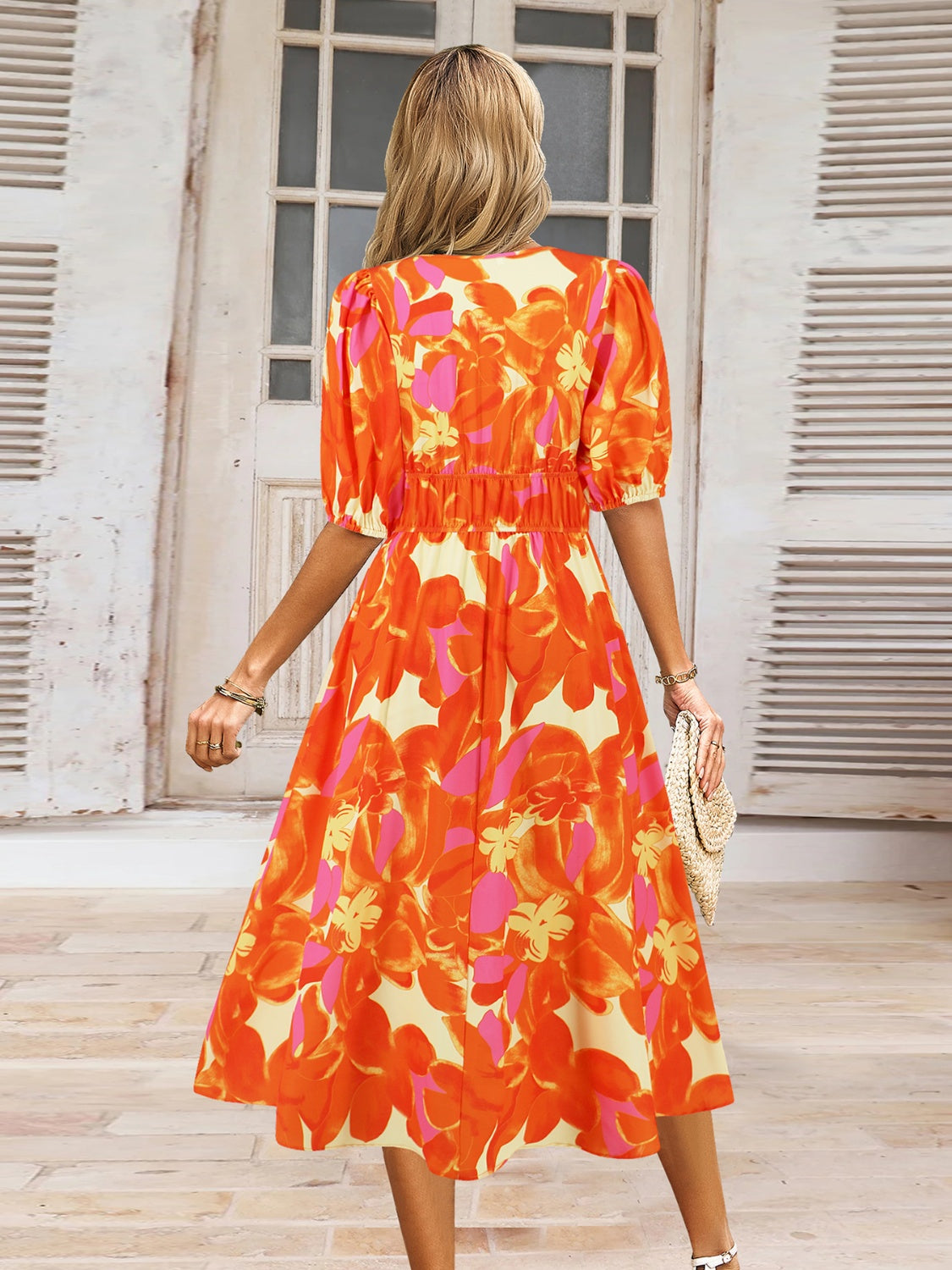 Ruched Printed Surplice Short Sleeve Dress - AngelMar Fashion