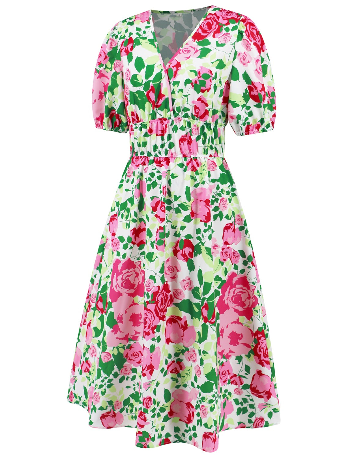 Ruched Printed Surplice Short Sleeve Dress - AngelMar Fashion