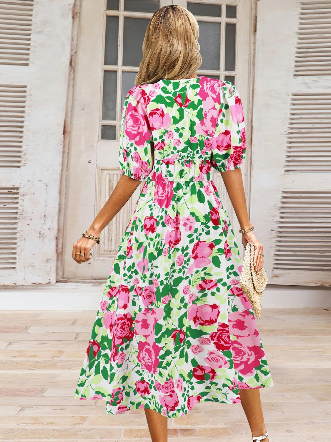 Ruched Printed Surplice Short Sleeve Dress - AngelMar Fashion
