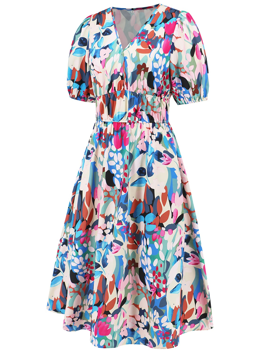 Ruched Printed Surplice Short Sleeve Dress - AngelMar Fashion