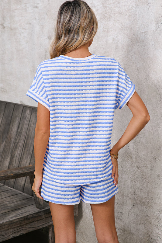Sky Blue Striped Print Short Sleeve Top and Pocket Shorts Set - AngelMar Fashion