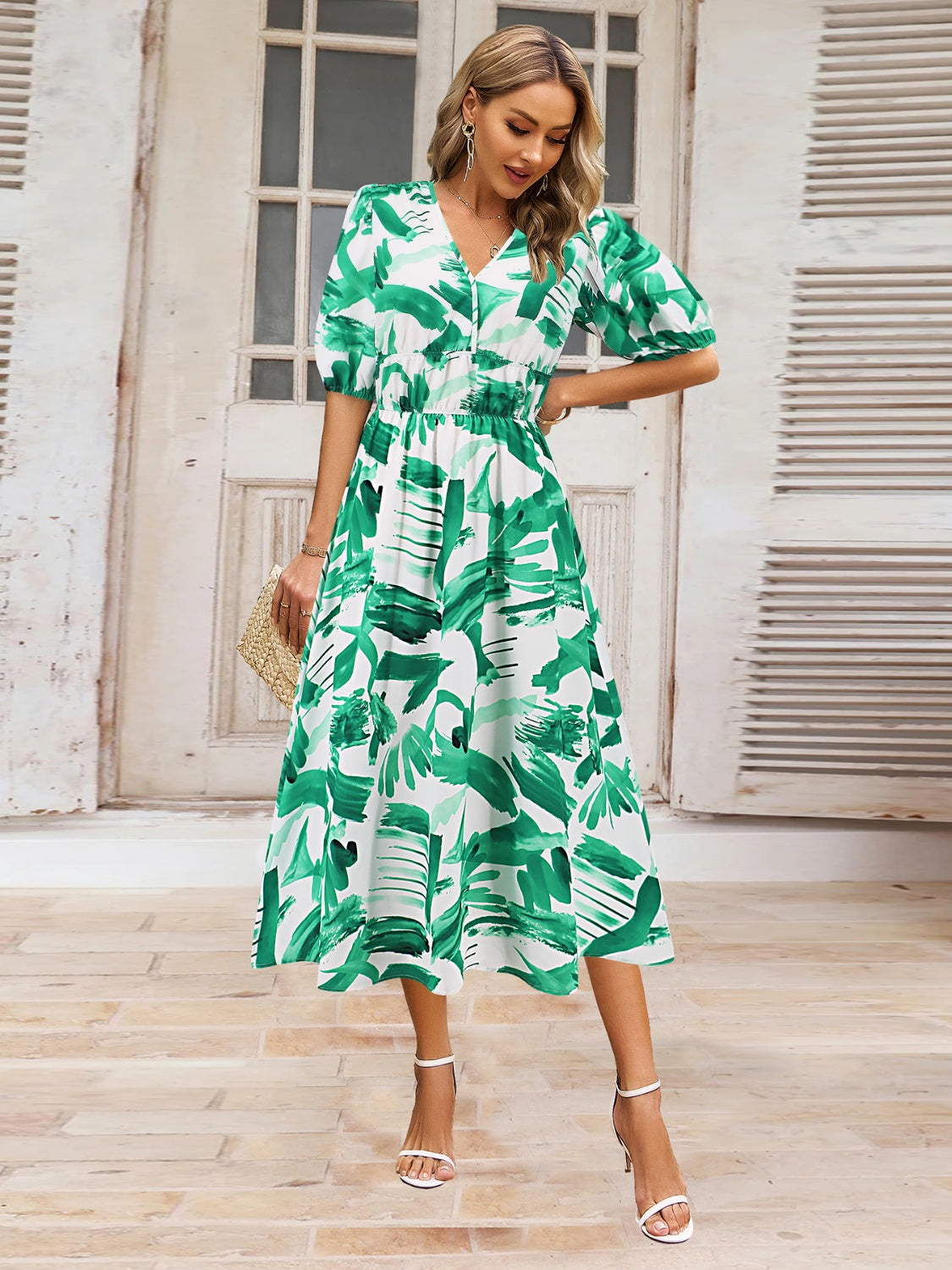 Ruched Printed Surplice Short Sleeve Dress - AngelMar Fashion