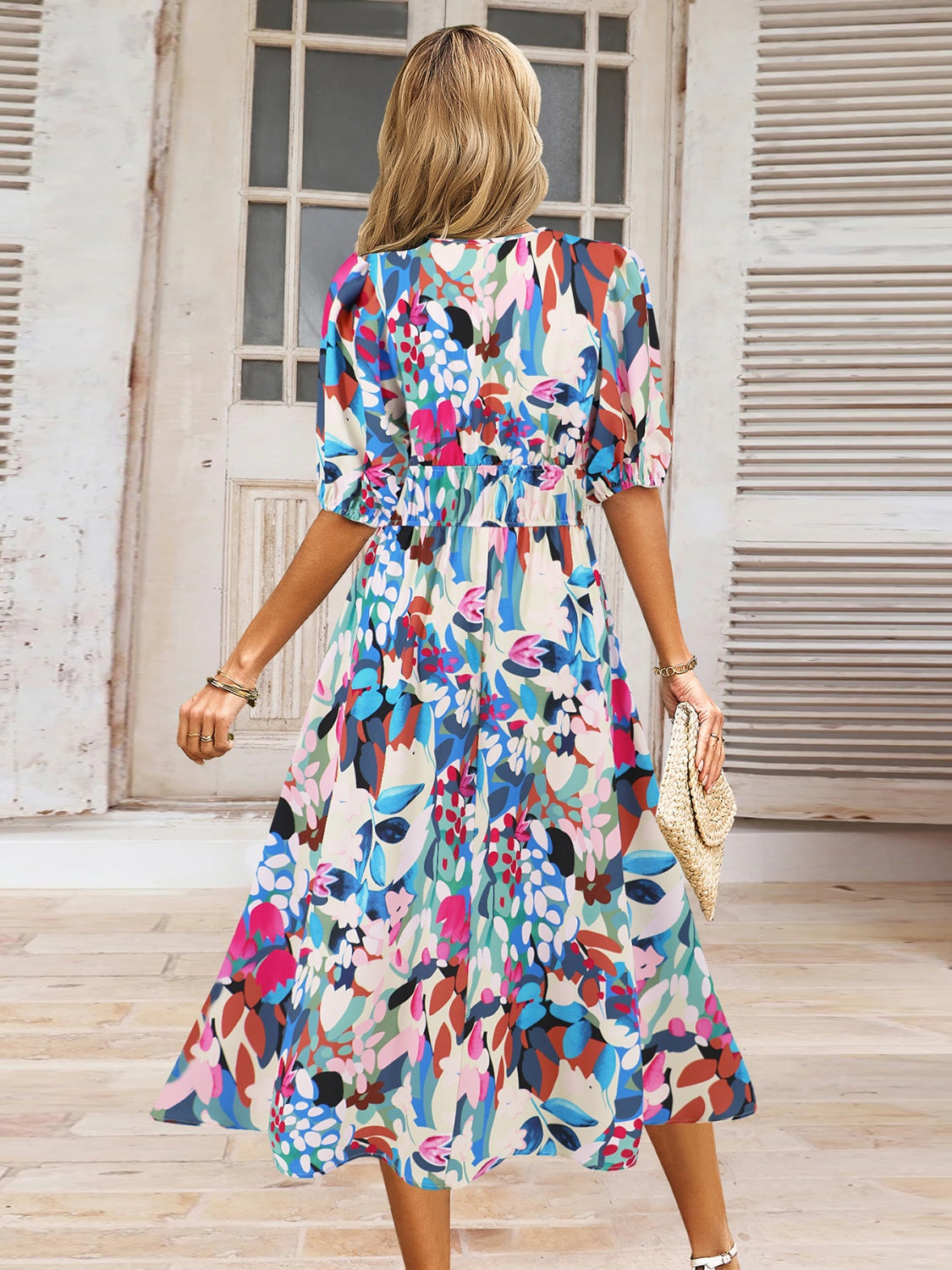 Ruched Printed Surplice Short Sleeve Dress - AngelMar Fashion