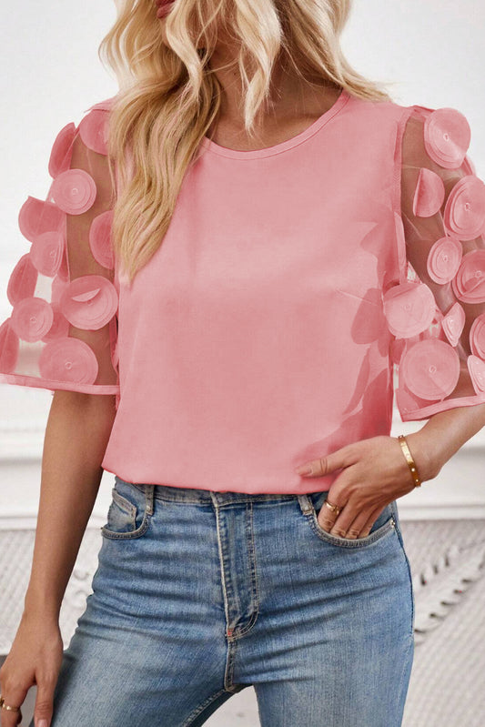 Applique Round Neck Half Sleeve Blouse - AngelMar Fashion