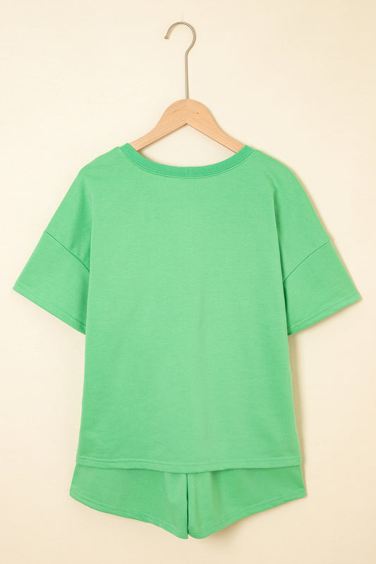 Mint Green V Neck Drop Shoulder Tee and Patchwork Drawstring Shorts Set