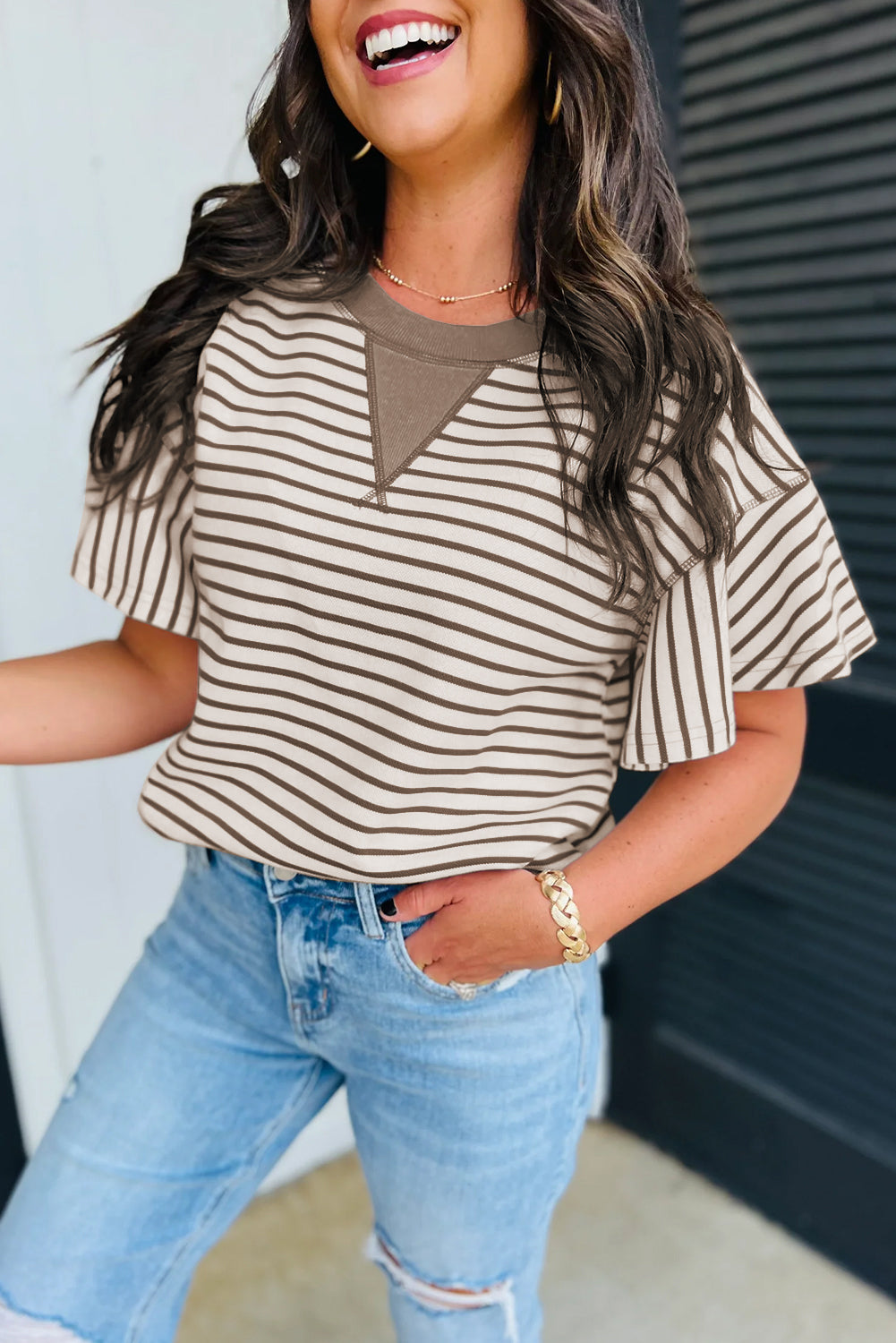 Bright Green Contrast Detail Striped Ruffle Short Sleeve Top