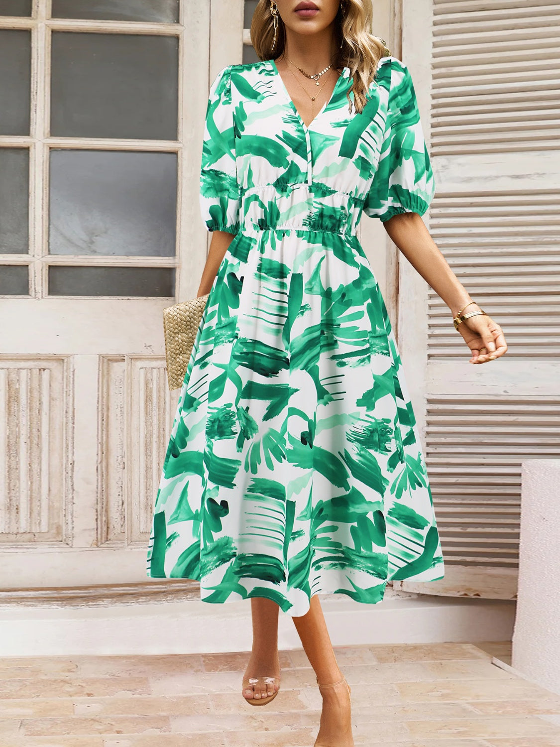 Ruched Printed Surplice Short Sleeve Dress - AngelMar Fashion