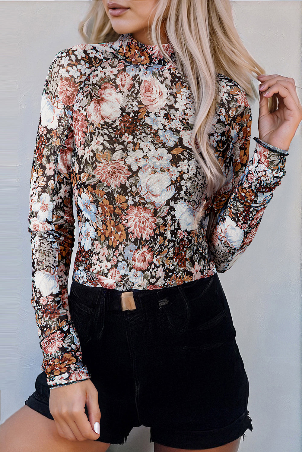 Pink Floral Long Sleeve High Neck Sheath Mesh Top - AngelMar Fashion