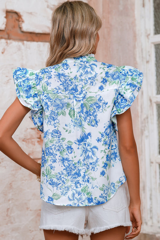 Sky Blue Floral Print Ruffle Sleeve Frill Shirt