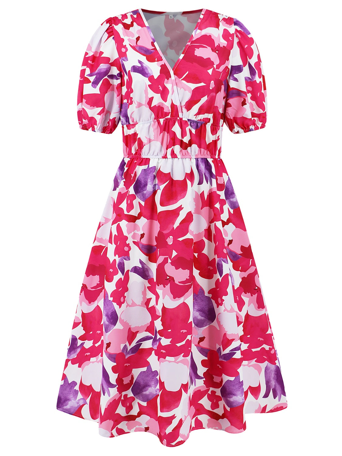 Ruched Printed Surplice Short Sleeve Dress - AngelMar Fashion