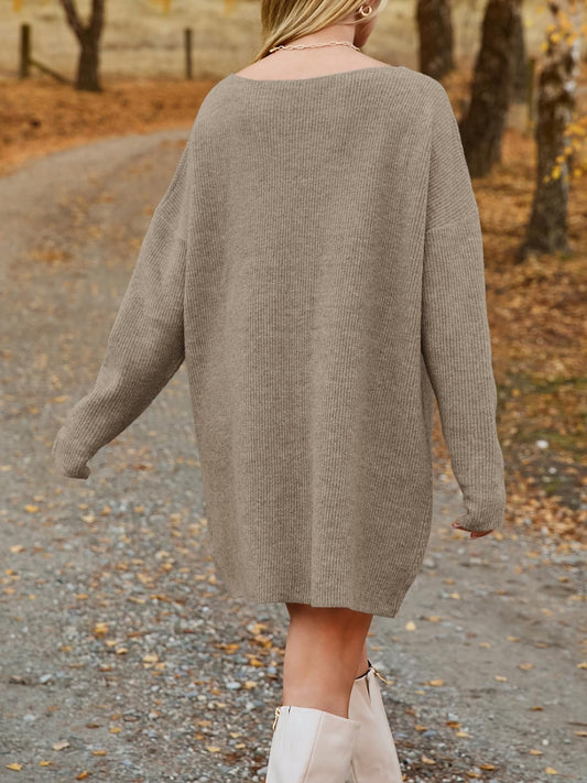 V-Neck Dropped Shoulder Sweater Dress - AngelMar Fashion