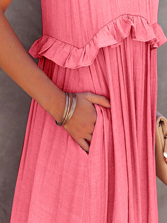 Ruffled Sleeveless Tiered Maxi Dress with Pockets - AngelMar Fashion