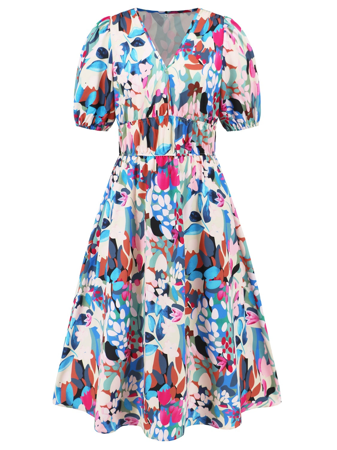 Ruched Printed Surplice Short Sleeve Dress - AngelMar Fashion