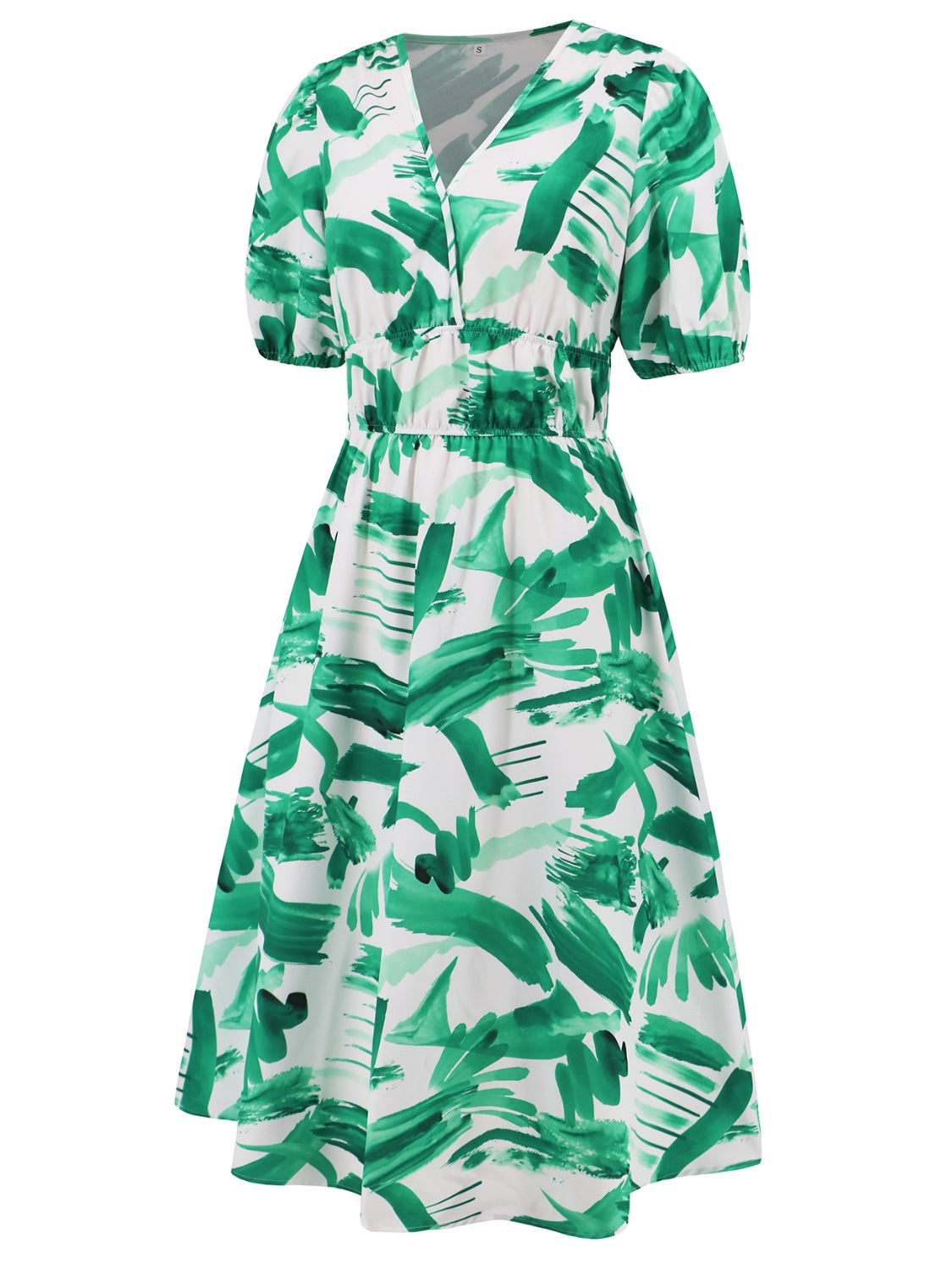 Ruched Printed Surplice Short Sleeve Dress - AngelMar Fashion
