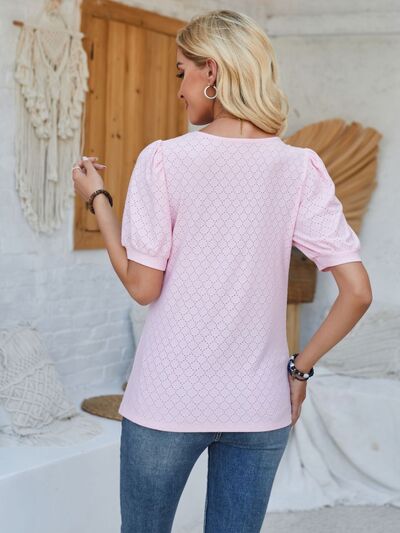 Eyelet Asymmetrical Neck Short Sleeve T-Shirt - AngelMar Fashion