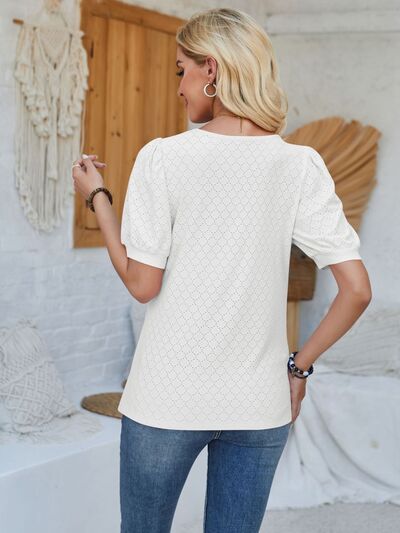 Eyelet Asymmetrical Neck Short Sleeve T-Shirt - AngelMar Fashion