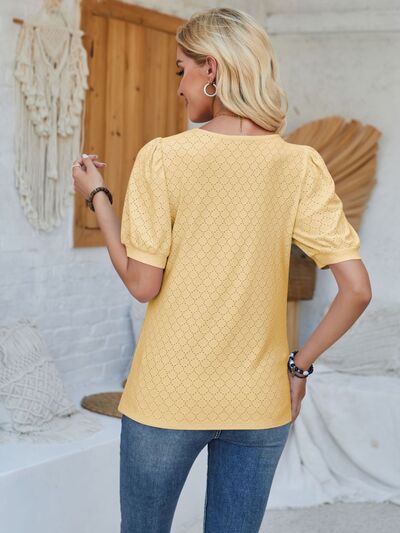 Eyelet Asymmetrical Neck Short Sleeve T-Shirt - AngelMar Fashion