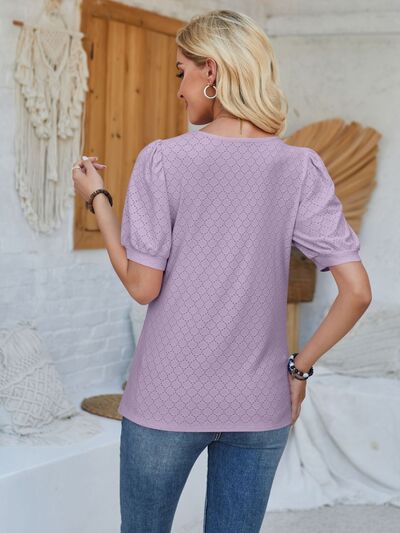 Eyelet Asymmetrical Neck Short Sleeve T-Shirt - AngelMar Fashion