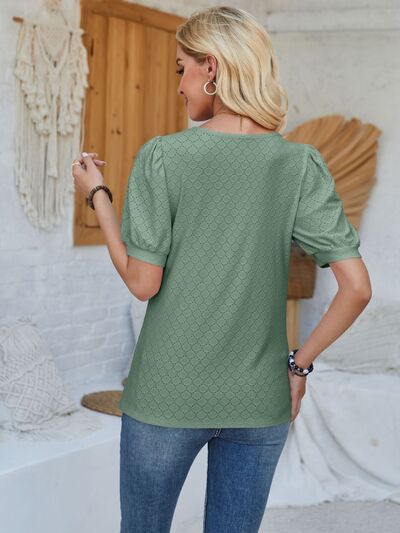 Eyelet Asymmetrical Neck Short Sleeve T-Shirt - AngelMar Fashion