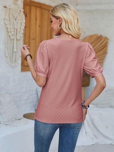 Eyelet Asymmetrical Neck Short Sleeve T-Shirt - AngelMar Fashion