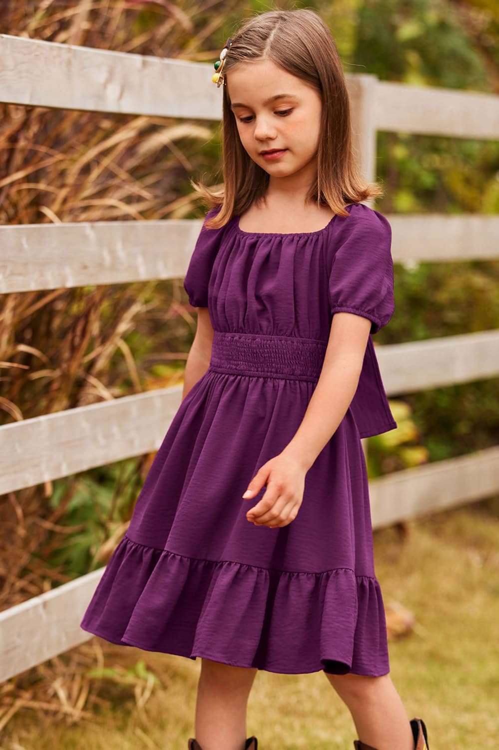 Arshiner Girls Tie Back Short Sleeve Ruffle Hem Off Shoulder Casual Elegant Dresses 4-12 Years