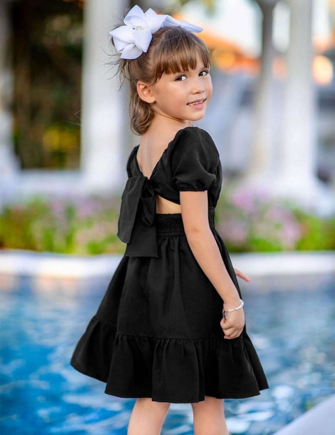 Arshiner Girls Tie Back Short Sleeve Ruffle Hem Off Shoulder Casual Elegant Dresses 4-12 Years