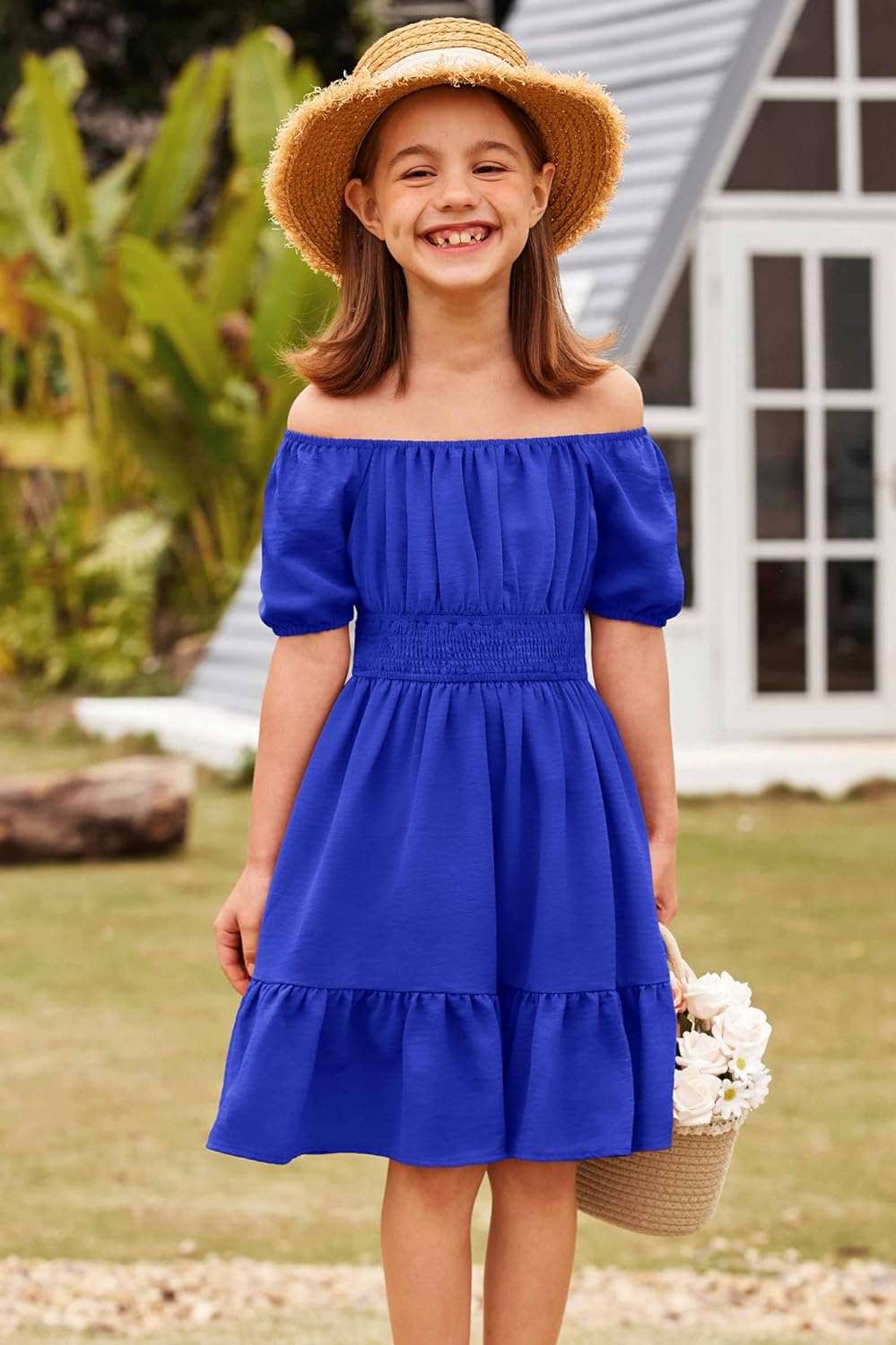 Arshiner Girls Tie Back Short Sleeve Ruffle Hem Off Shoulder Casual Elegant Dresses 4-12 Years