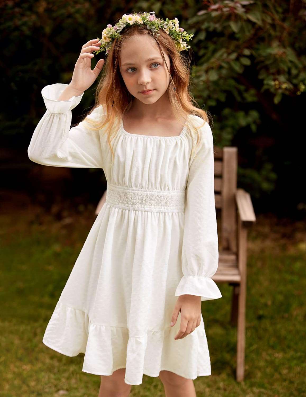 Arshiner Girls Tie Back Short Sleeve Ruffle Hem Off Shoulder Casual Elegant Dresses 4-12 Years