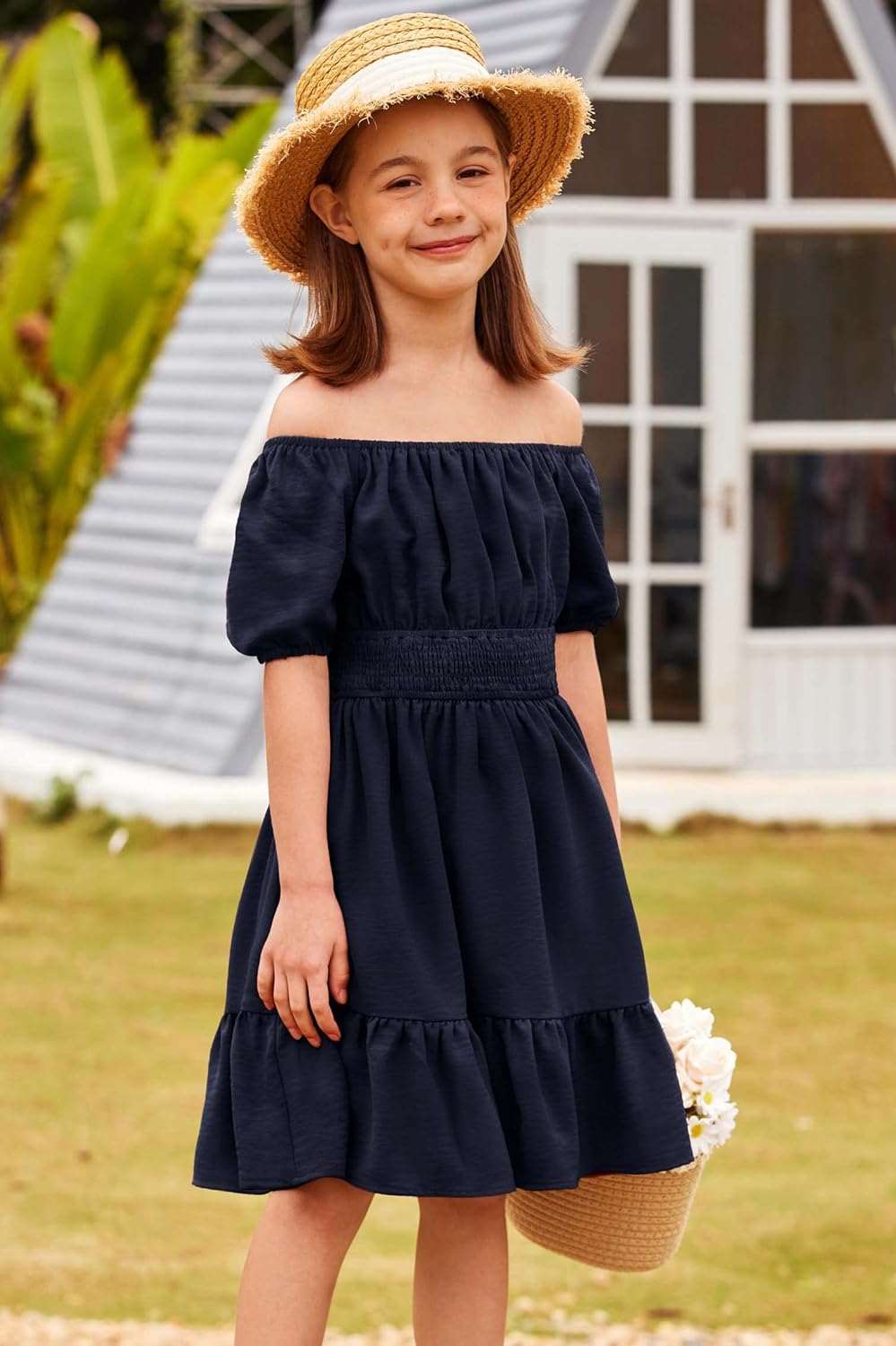 Arshiner Girls Tie Back Short Sleeve Ruffle Hem Off Shoulder Casual Elegant Dresses 4-12 Years