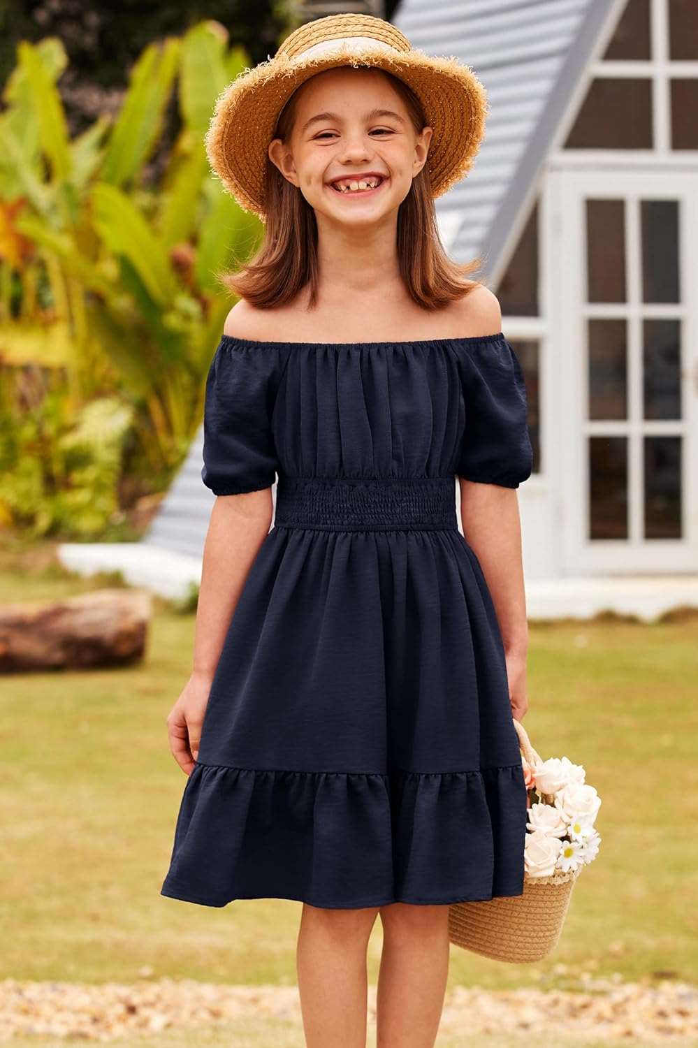 Arshiner Girls Tie Back Short Sleeve Ruffle Hem Off Shoulder Casual Elegant Dresses 4-12 Years