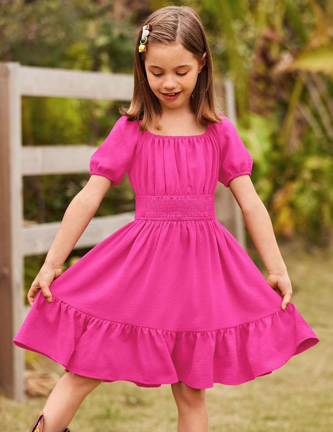 Arshiner Girls Tie Back Short Sleeve Ruffle Hem Off Shoulder Casual Elegant Dresses 4-12 Years