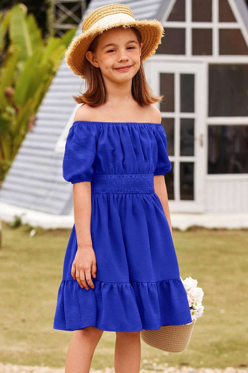 Arshiner Girls Tie Back Short Sleeve Ruffle Hem Off Shoulder Casual Elegant Dresses 4-12 Years