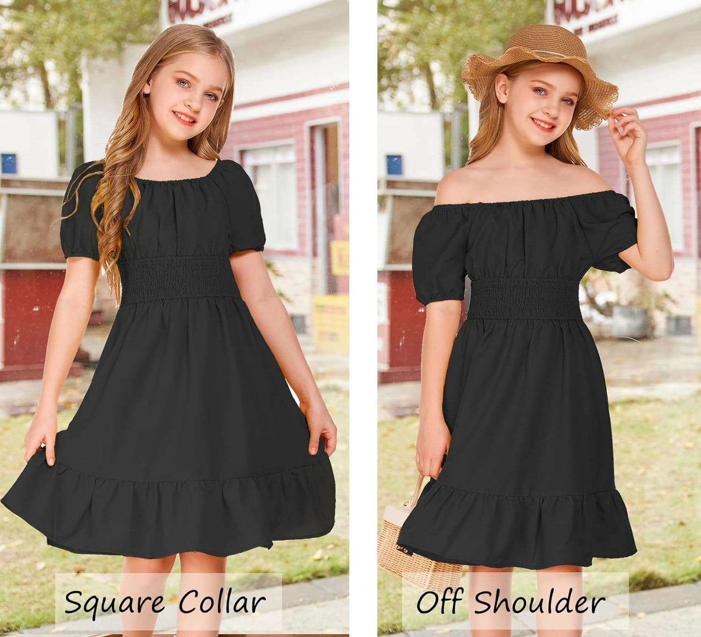 Arshiner Girls Tie Back Short Sleeve Ruffle Hem Off Shoulder Casual Elegant Dresses 4-12 Years